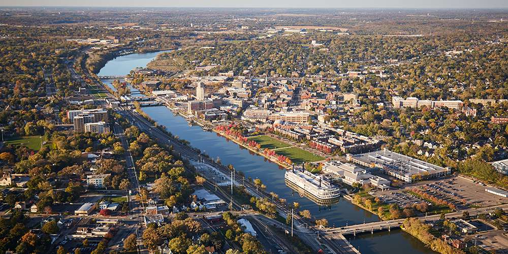 Pursue regional economic development image, Kane county and Fox River from above.
