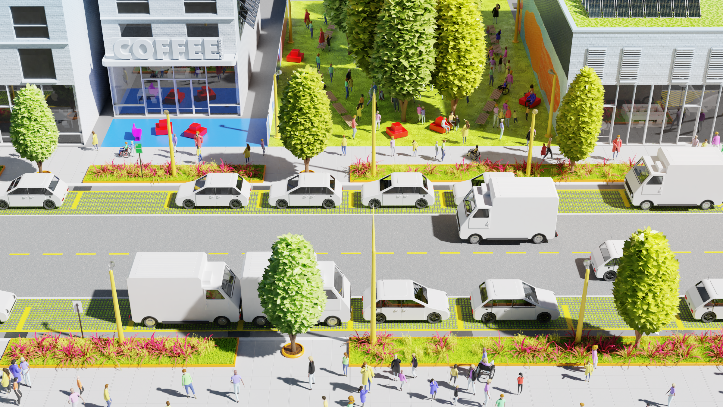Rendering of green infrastructure on a roadway.
