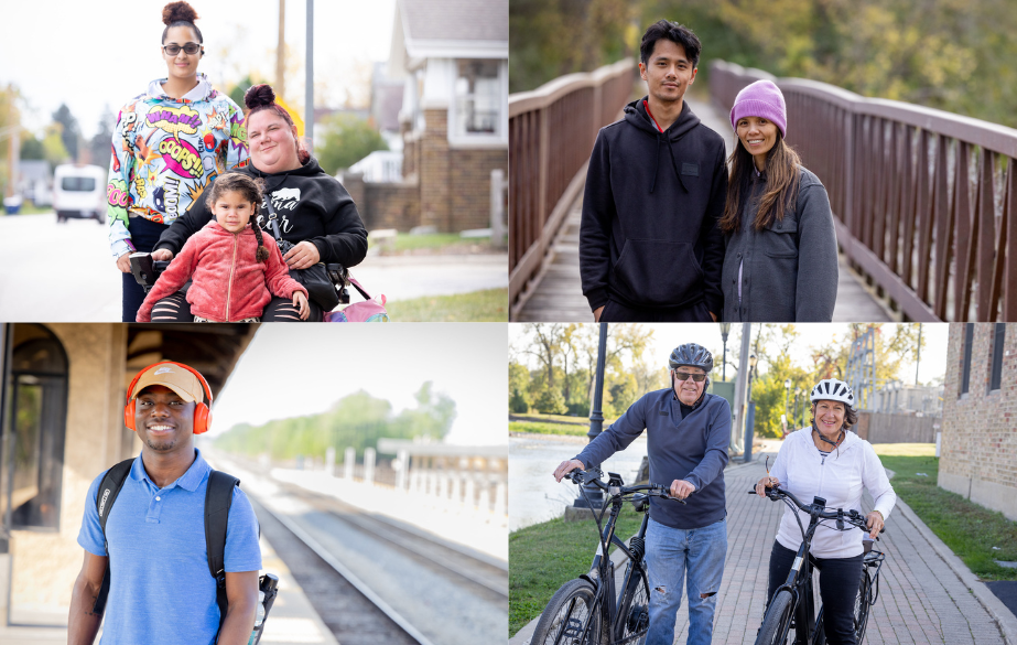 Four photos of smiling people. Woman and young woman and girl, young couple, man, and older couple