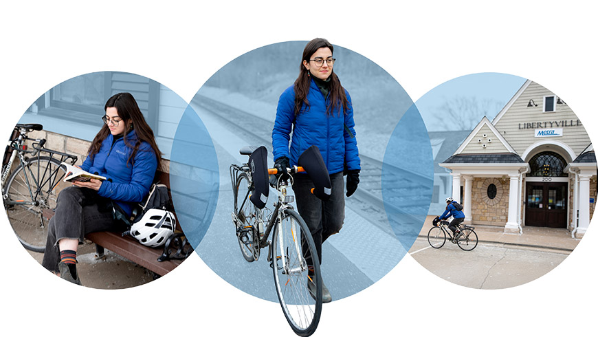 Woman sitting reading, woman walking bike, woman riding bike past Metra station