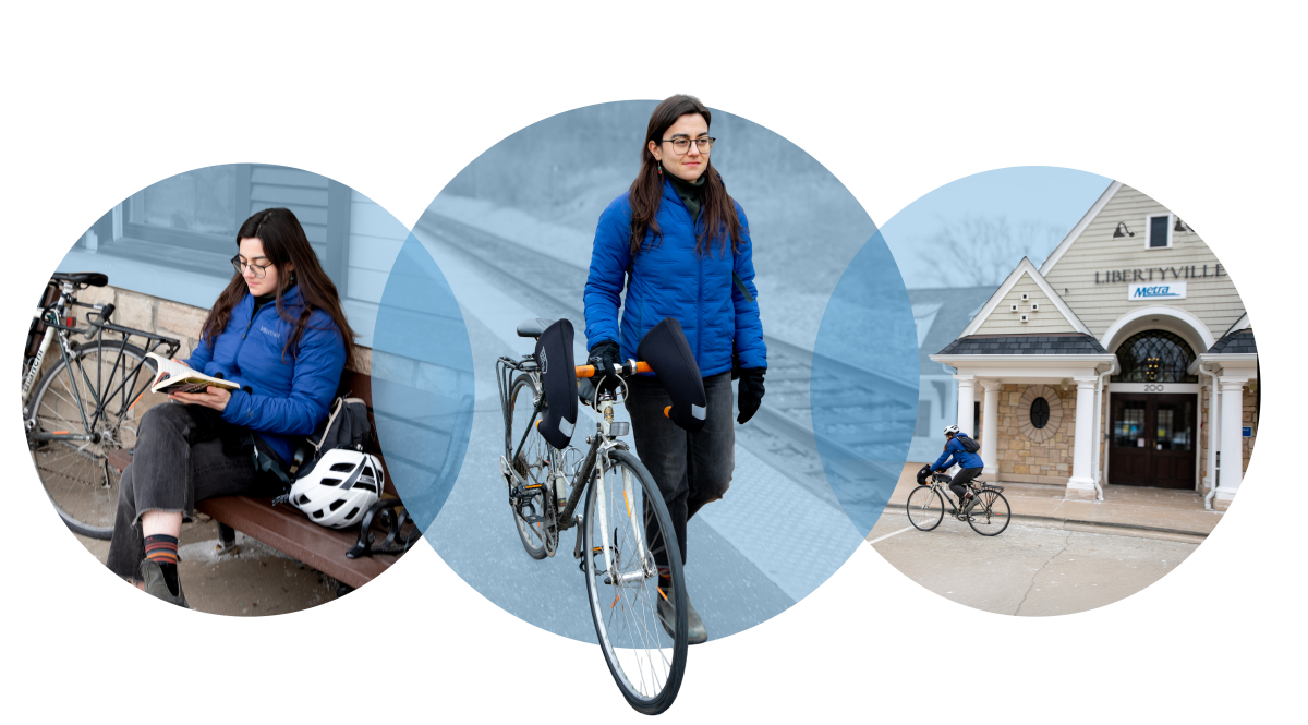 Three images: young woman sitting reading, young woman walking bike, young woman riding bike past Metra station