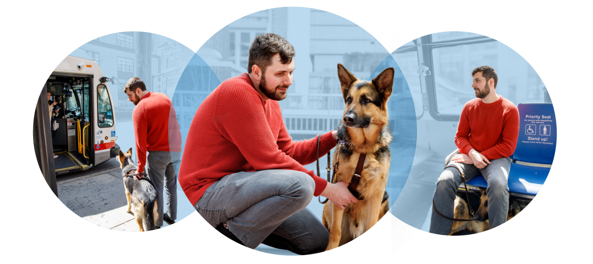 Three images: young man with guide dog boarding CTA bus, young man posing with guide dog, and young man seated on bus