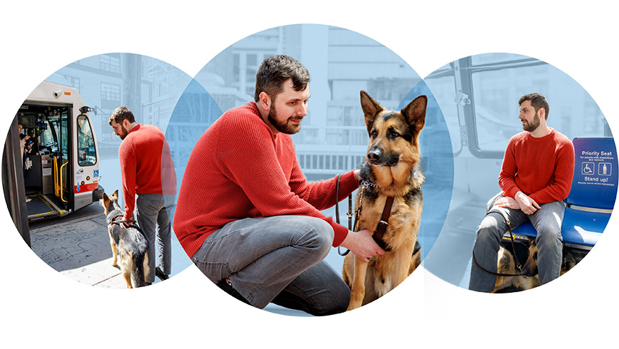 Man with guide dog boarding CTA bus, man posing with guide dog, and man seated on bus