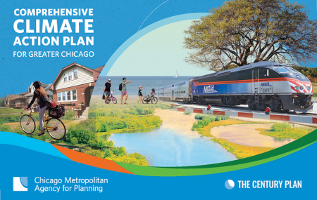 Collage of water, person biking, Metra train, people walking with climate action plan logo