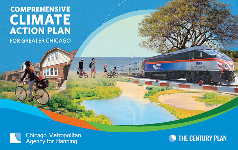 Collage of water, person biking, Metra train, people walking with climate action plan logo