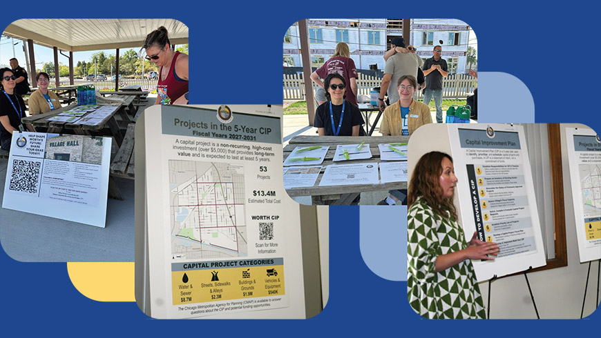 Collage of images capturing CMAP staff and consultants engaging with Worth community members, and village staff