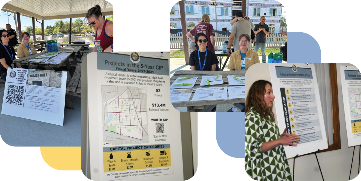 Collage of images capturing CMAP staff and consultants engaging with Worth community members, and village staff