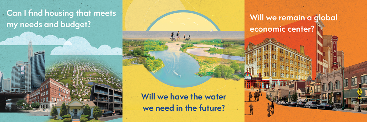 Three collages with text: "Can I find housing that meets my needs and budget?" "Will we have the water we need in the future?" "Can I thrive in the region at different stages of life?"
