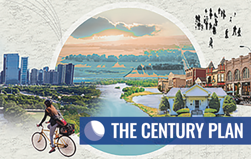 Collage of photos from northeastern Illinois region (skyline, biker, river, house, small town downtown) with The Century Plan logo