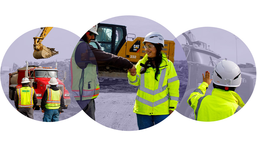 Dump truck being loaded, woman shaking hand of colleague, and woman gesturing towards dump truck