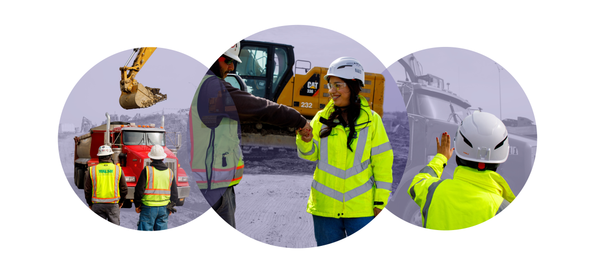 Three images: dump truck being loaded, woman shaking hand of colleague, and woman gesturing towards dump truck