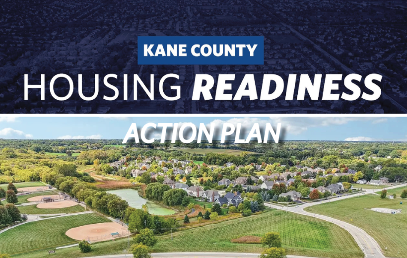 Cover of the Kane County Readiness Action Plan. Top features a dark shaded overview of an area of the county. Bottom features a daylight overview of an area with houses, parks, roads.