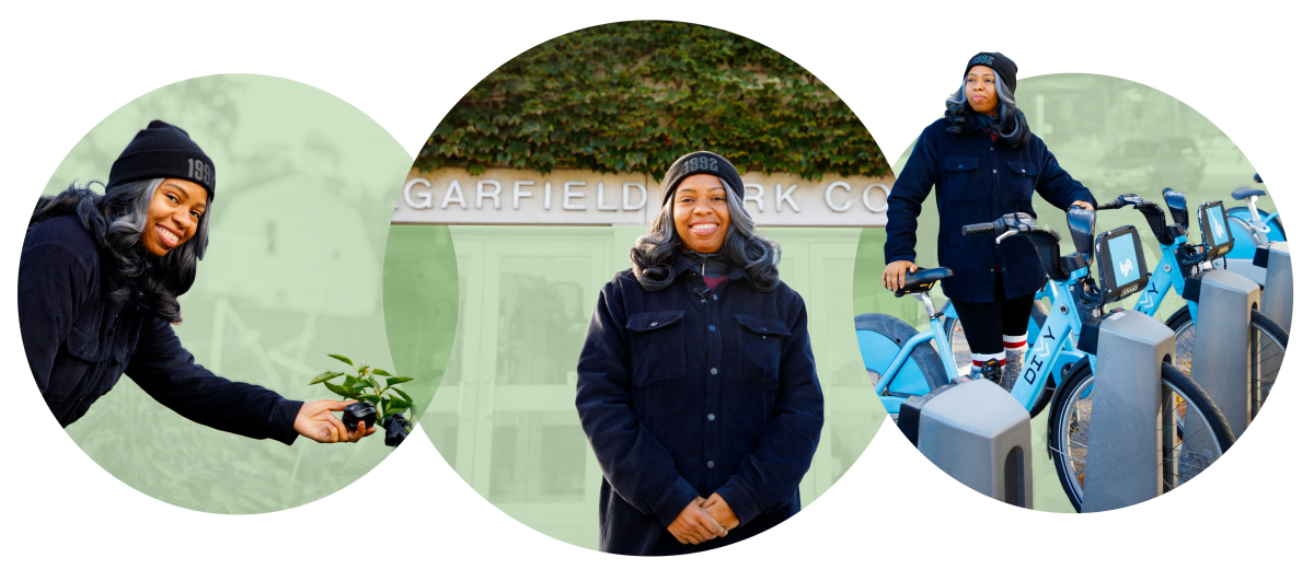 Three images: woman posing grabbing fruit, woman posing in front of conservatory entrance, woman undocking a bikeshare