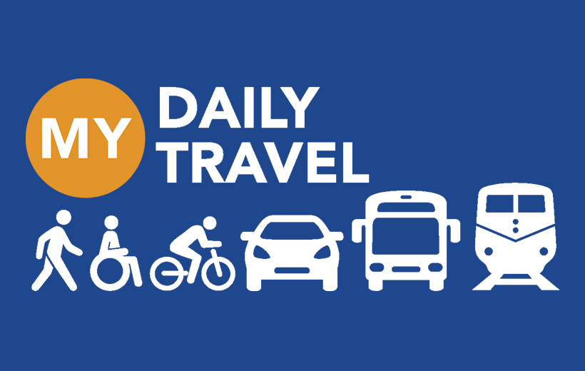 Illustrated image of pedestrian, wheelchair, cyclist, car, bus and train with text "My Daily Travel"