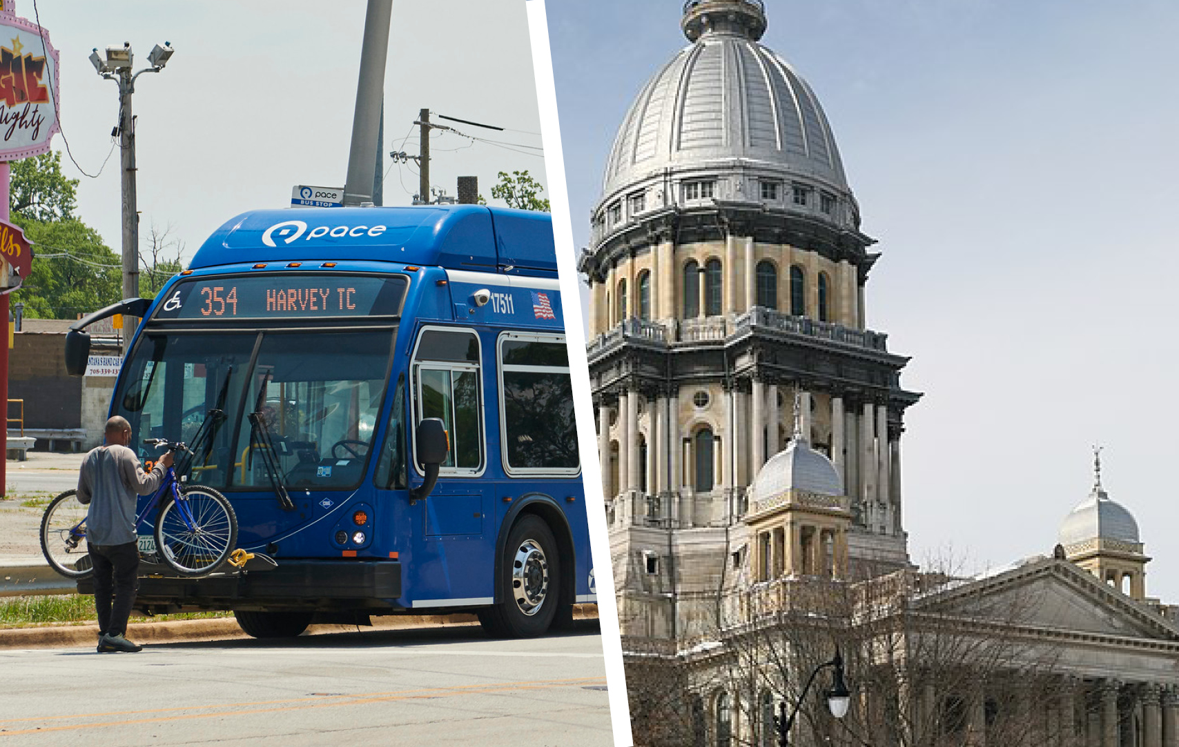 An image of a PACE bus, and the Illinois Capitol building dome