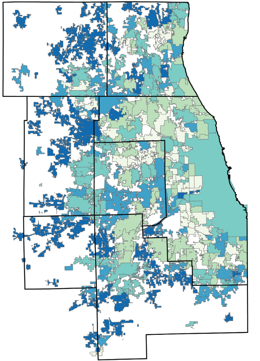 Map of northeastern Illinois showing percentage change in households by municipality from 2020 to 2050. Municipalities are shaded in a blue-green color scale, with lighter shades indicating smaller increases (0–5%) and darker blue shades indicating larger increases (30% or more). County boundaries are outlined in black. Most municipalities show household growth, with the highest increases concentrated in outer suburban and exurban areas, particularly in McHenry, Kane, Kendall, and Will counties. More moderate growth is visible in northwest and southwest suburban Cook county and scattered throughout Lake, DuPage, and Will counties.