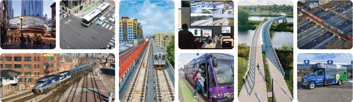 Collage of various modes of transportation and regional environments from across northeastern Illinois