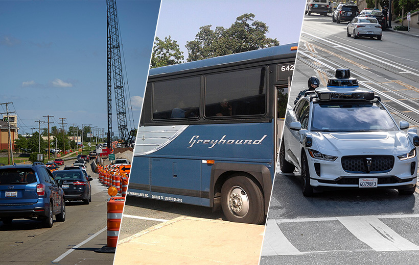 Three image collage, including roadway construction, a greyhound bus, and autonomous vehicle