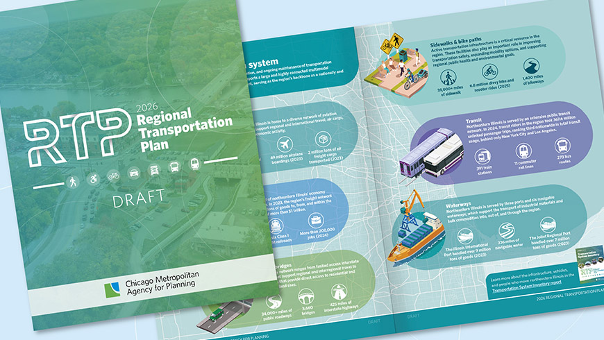 Draft RTP Cover, with inside page preview of transportation system inventory infographics
