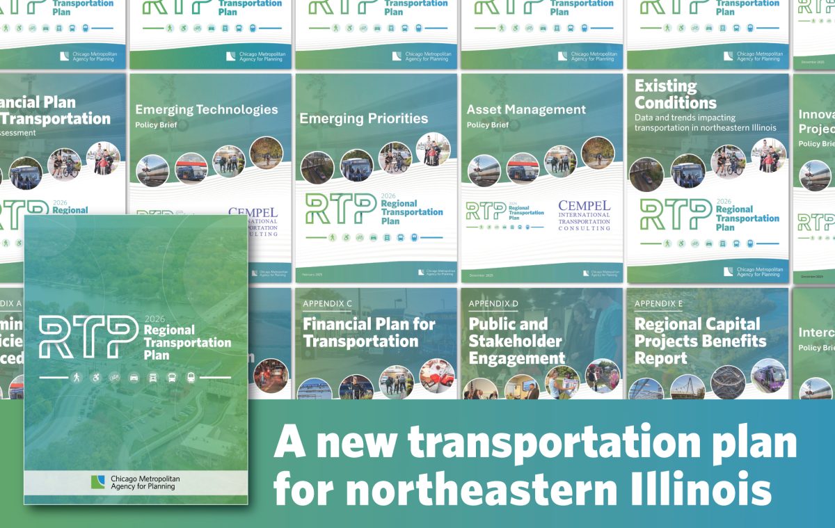 Collage of RTP related material covers with text "A new transportation plan for northeastern Illinois"