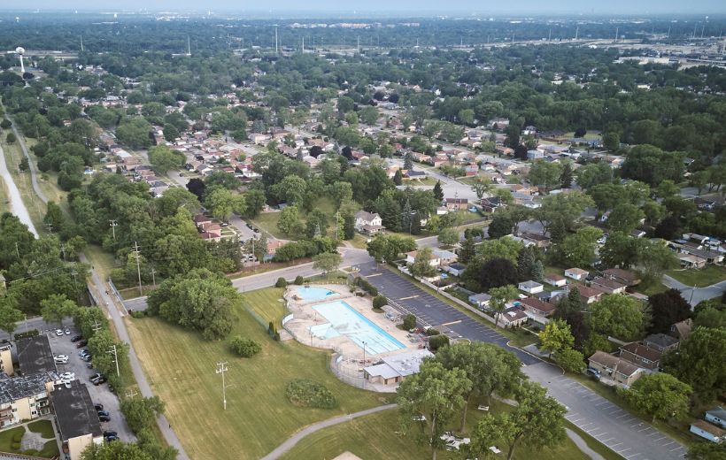 An aerial view of housing in a residential neighborhood