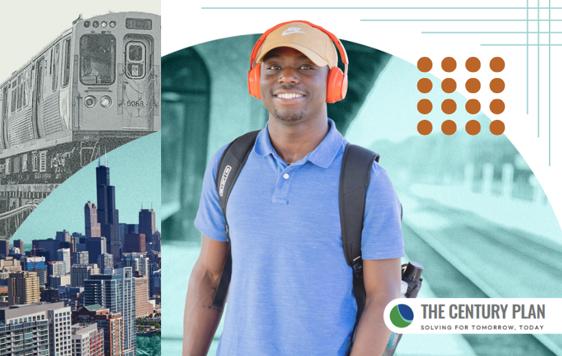 Collage of photos: CTA train, Chicago skyline, young man wearing hat and headphones