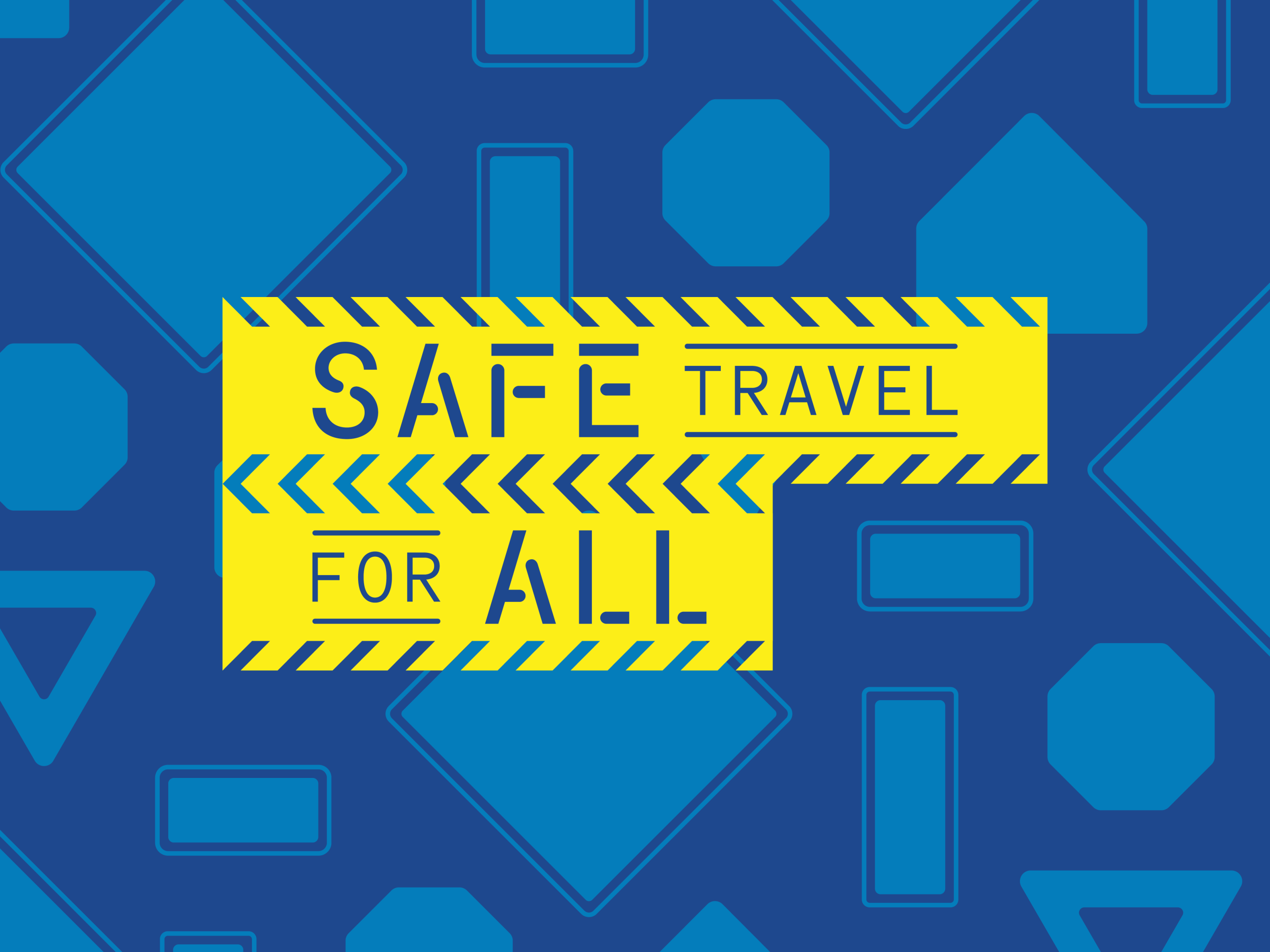 Yellow Safe Travel for All logo on a background of abstract blue traffic signs pattern