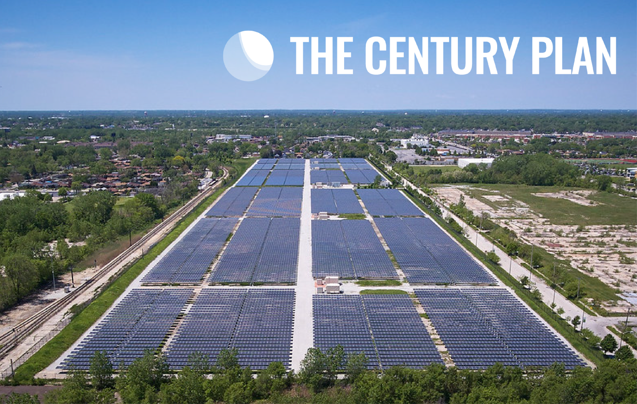 Aerial photo of solar field with The Century Plan logo overlaid