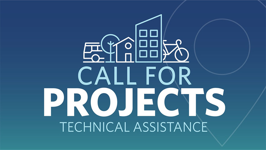 Logo with text "Call for Projects: Technical Assistance" and illustration of various building facades