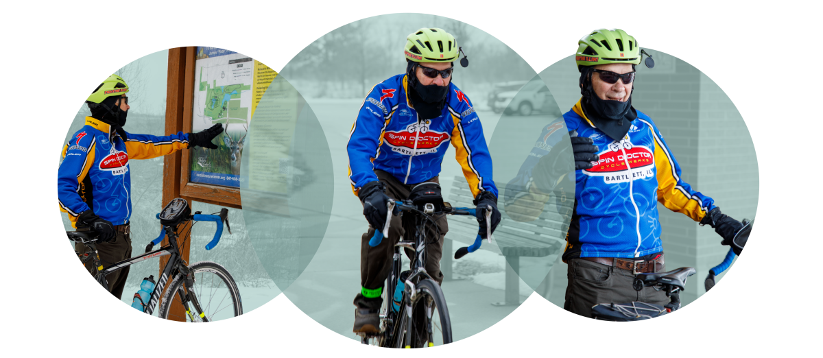 Three images: man with bike gesturing at park map, man riding bike, and man talking with bike in hand