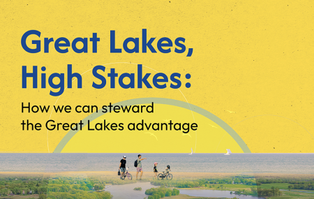 Photo collage of people walking near water; Text reading "Great Lakes: High Stakes, How can we steward the Great Lakes advantage"