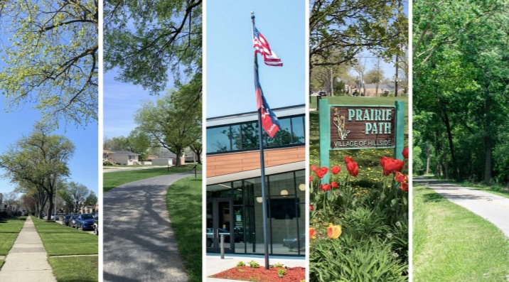 Five images of outdoor sidewalk and bike facilities in West Cook County Communities