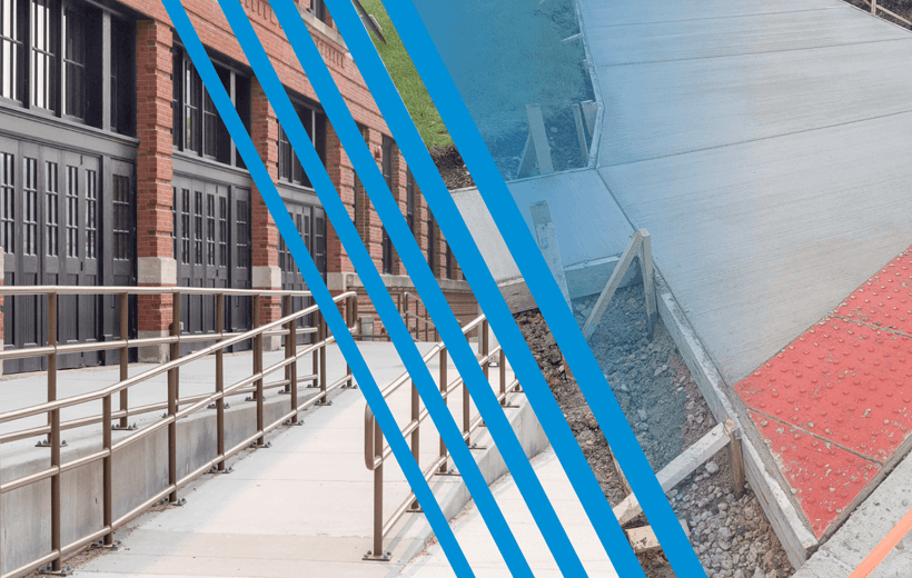 Two side-by-side views of wheelchair-accessible ramps.