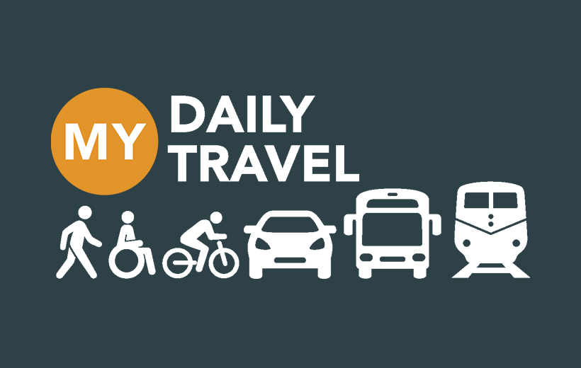 My Daily Travel. Icons of person walking, person in wheelchair, paron on bike, car, bus, train