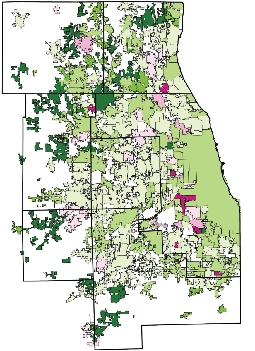 Percentage change in employment by municipality in northeastern Illinois 2020-2050
