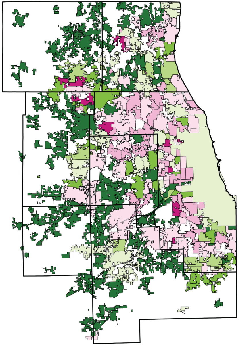 Percentage change in total population by municipality in northeastern Illinois 2020-2050
